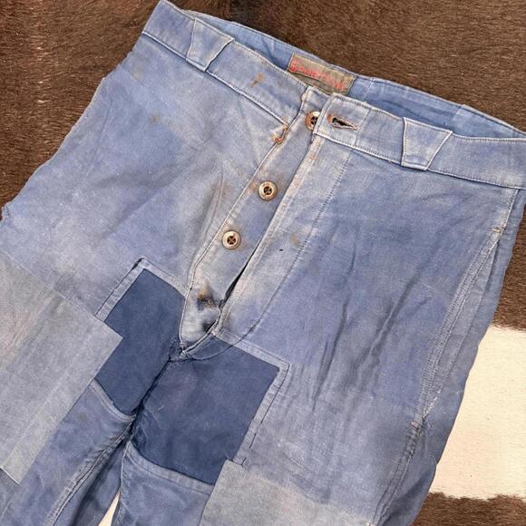 Antique Vintage French Blue Cotton Workwear Pants Distressed - Picture 2 of 3